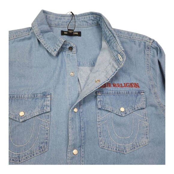 True Religion Light Blue Chambray Long Sleeve Shirt M Snaps Denim Chest Pockets - Picture 6 of 13